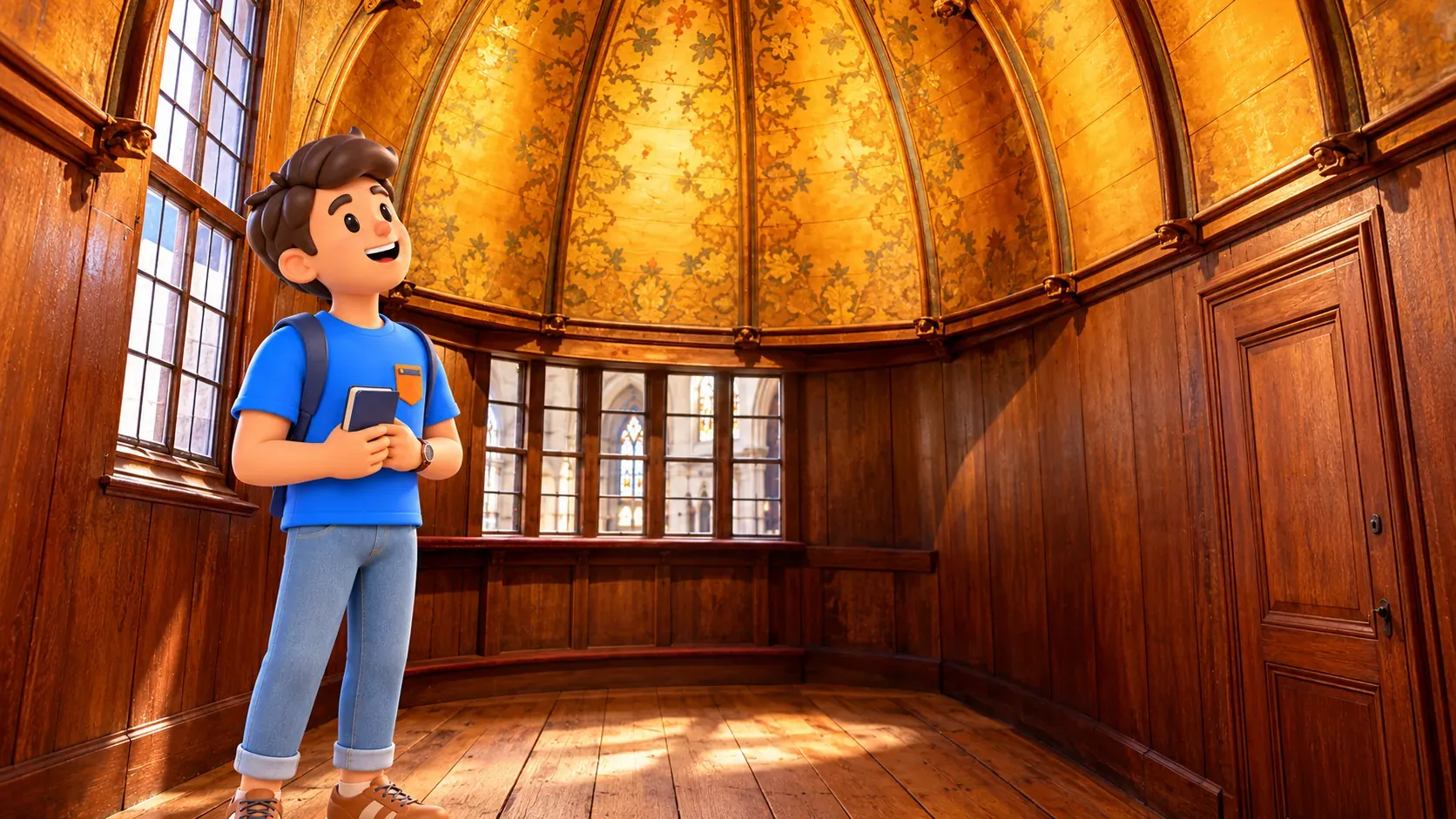 Personaje con cuaderno cerrado mirando la bóveda de madera del oratorio de Gruuthuse