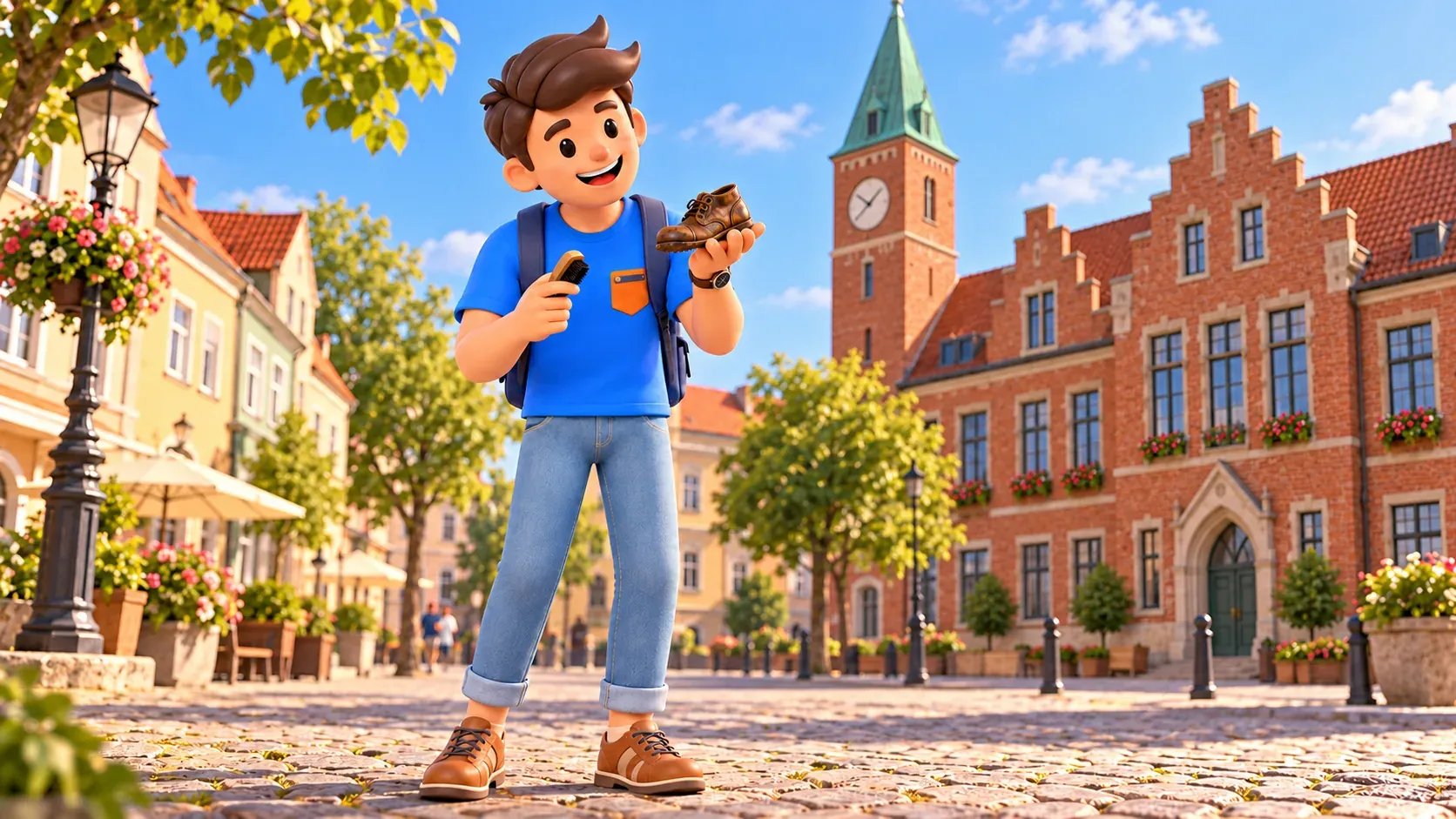 Illustration eines Reisenden mit kleinem Schuh und Bürste bei einem Backsteinrathaus.