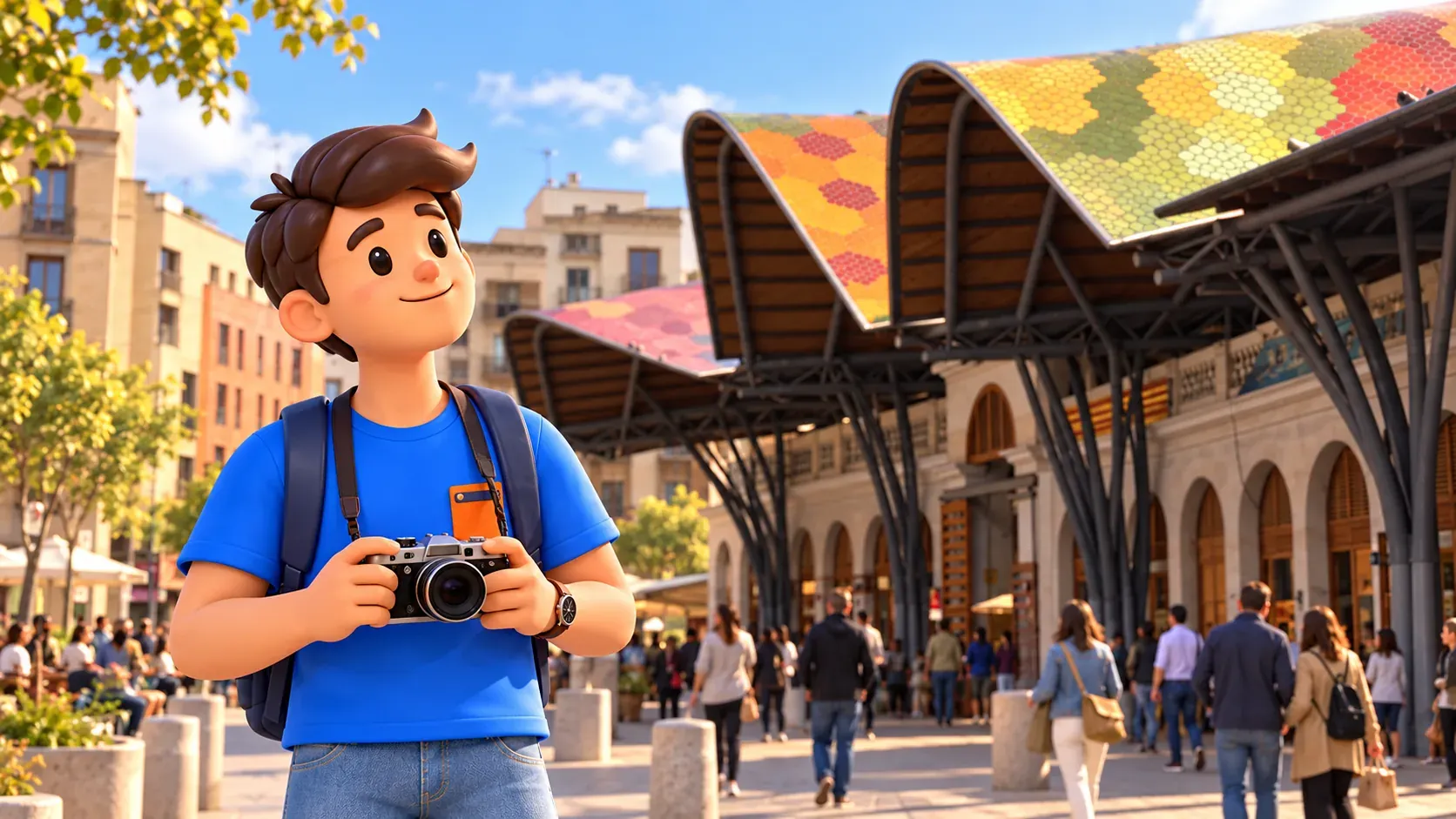 Illustration d’un voyageur avec appareil photo regardant le toit ondulé multicolore de Santa Caterina depuis la rue.