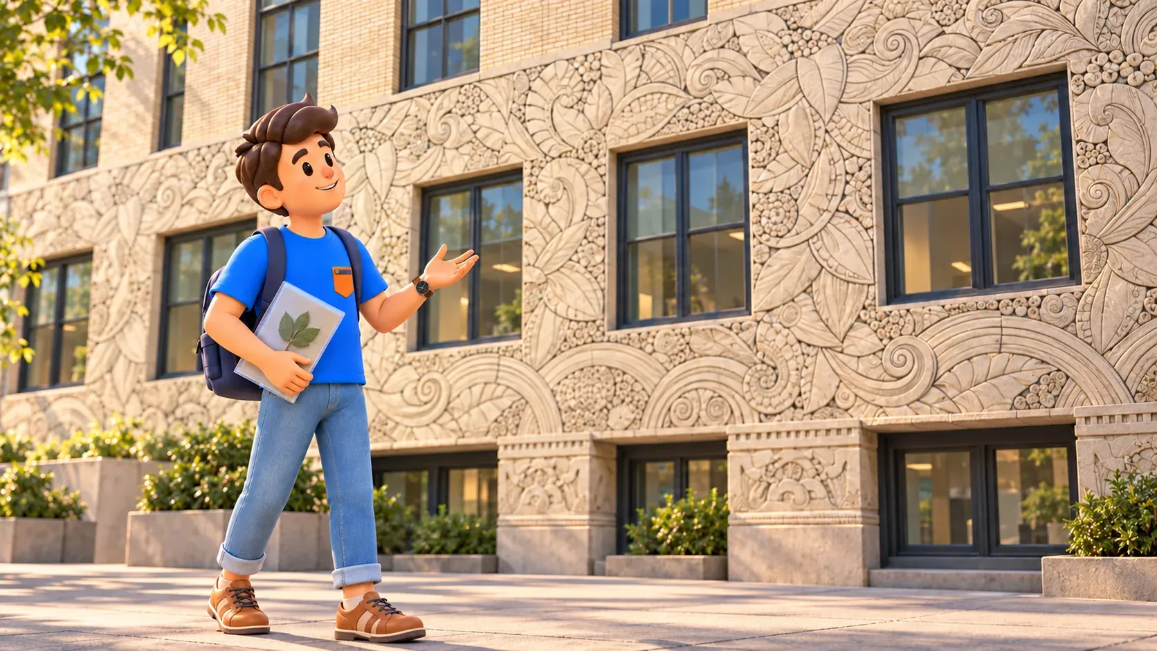 Illustration d’un voyageur avec sa feuille personnelle près du décor végétal stylisé du Chanin Building.