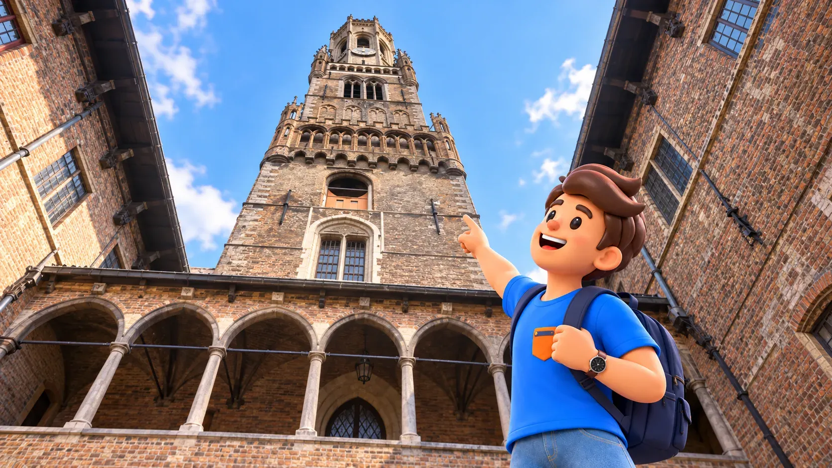 Figur zeigt im Hof der Markthallen zum Belfried hinauf