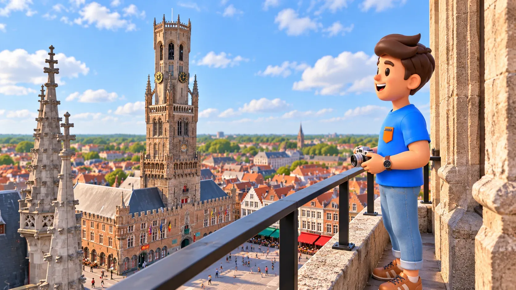 Figur ohne Rucksack mit Kamera auf der schmalen Historium-Aussicht gegenüber dem Belfried