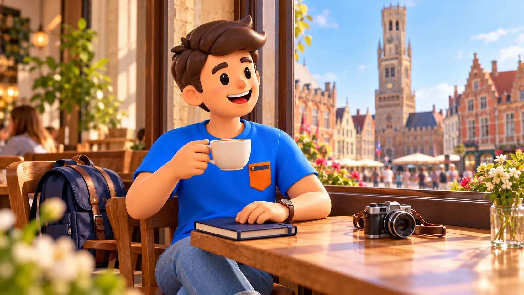 Figur mit Tasse bei einer Pause in einer erdachten Cafészene am Platz