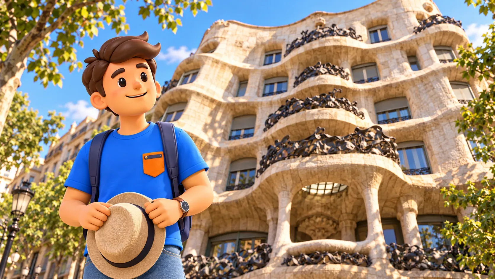 Illustration eines Reisenden mit Hut vor der gewellten Steinfassade und den Eisenbalkonen der Casa Milà.