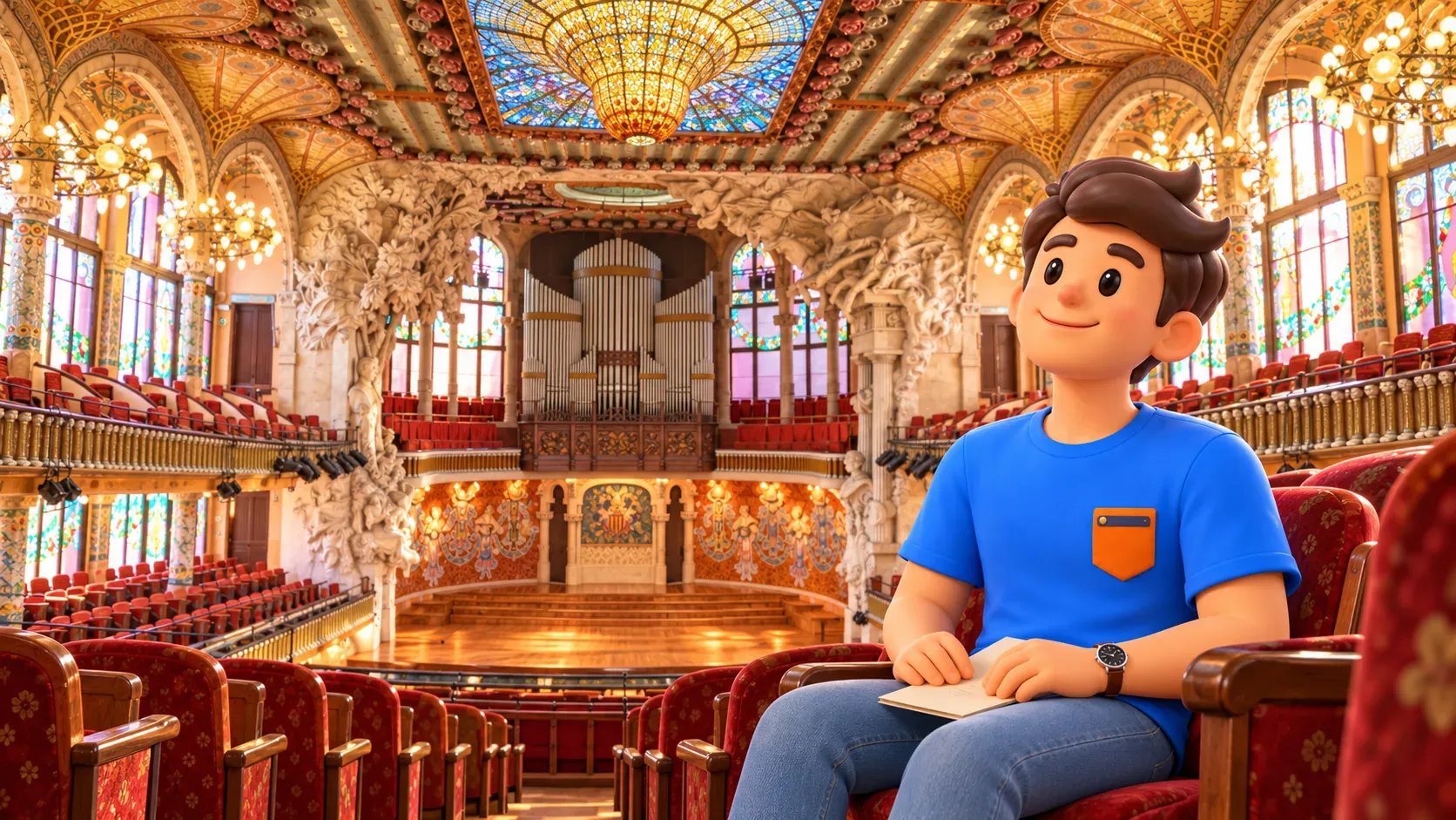 Illustration eines Reisenden mit geschlossenem Programm auf dem Schoß im roten Sitz des historischen Palau-Saals vor der Aufführung.
