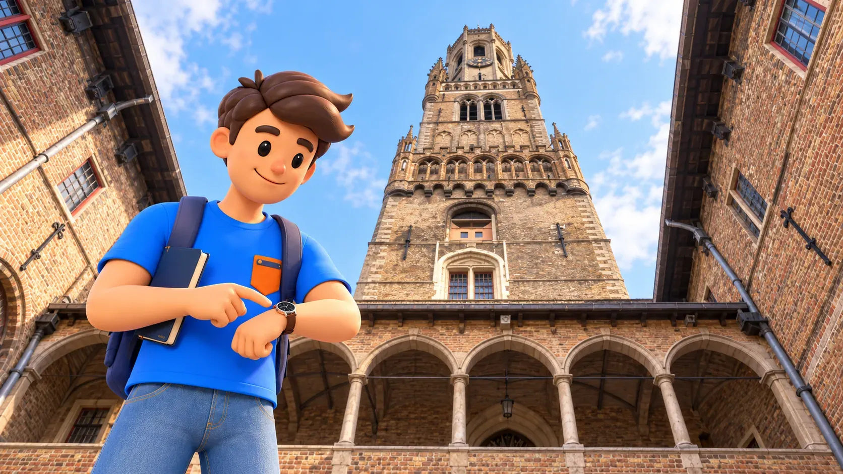 Character checking his watch in the Belfry courtyard