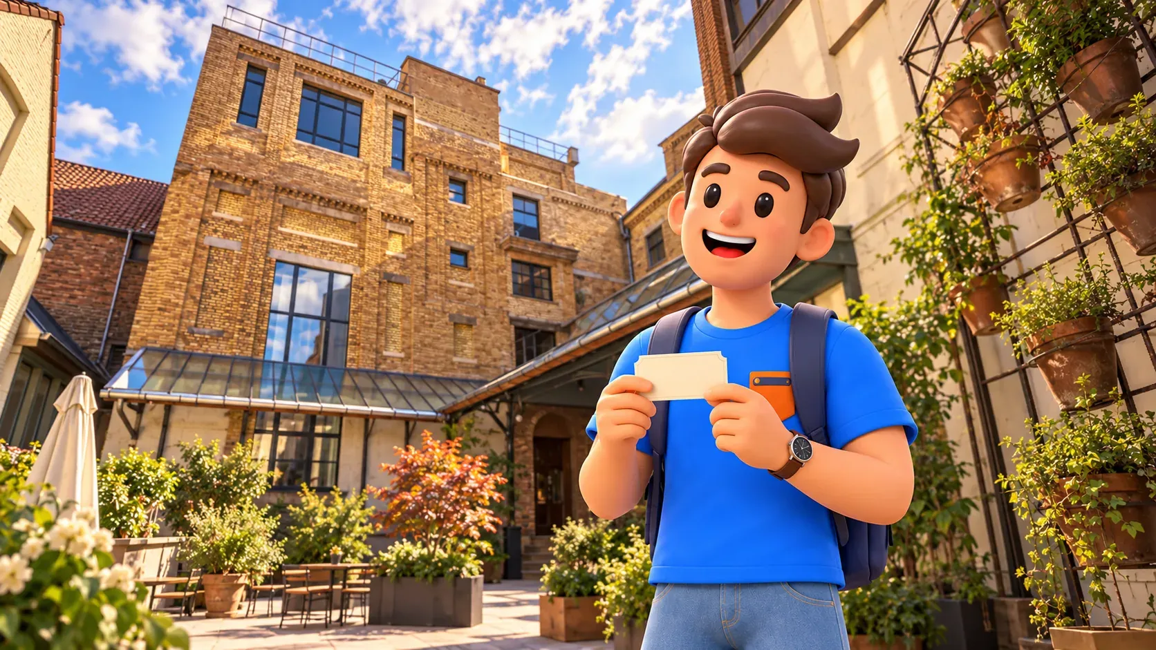 Character holding an illustrative blank ticket in the De Halve Maan brewery courtyard