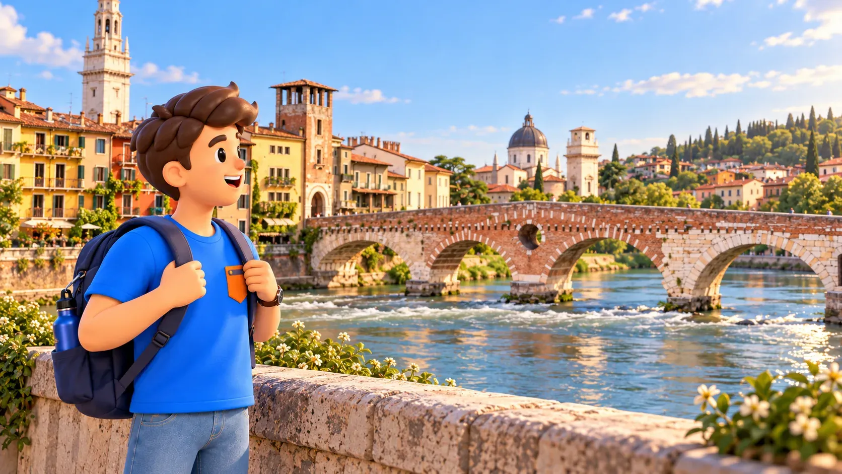 Viajero de RoadMe ante un parapeto con los arcos de piedra y ladrillo del Ponte Pietra