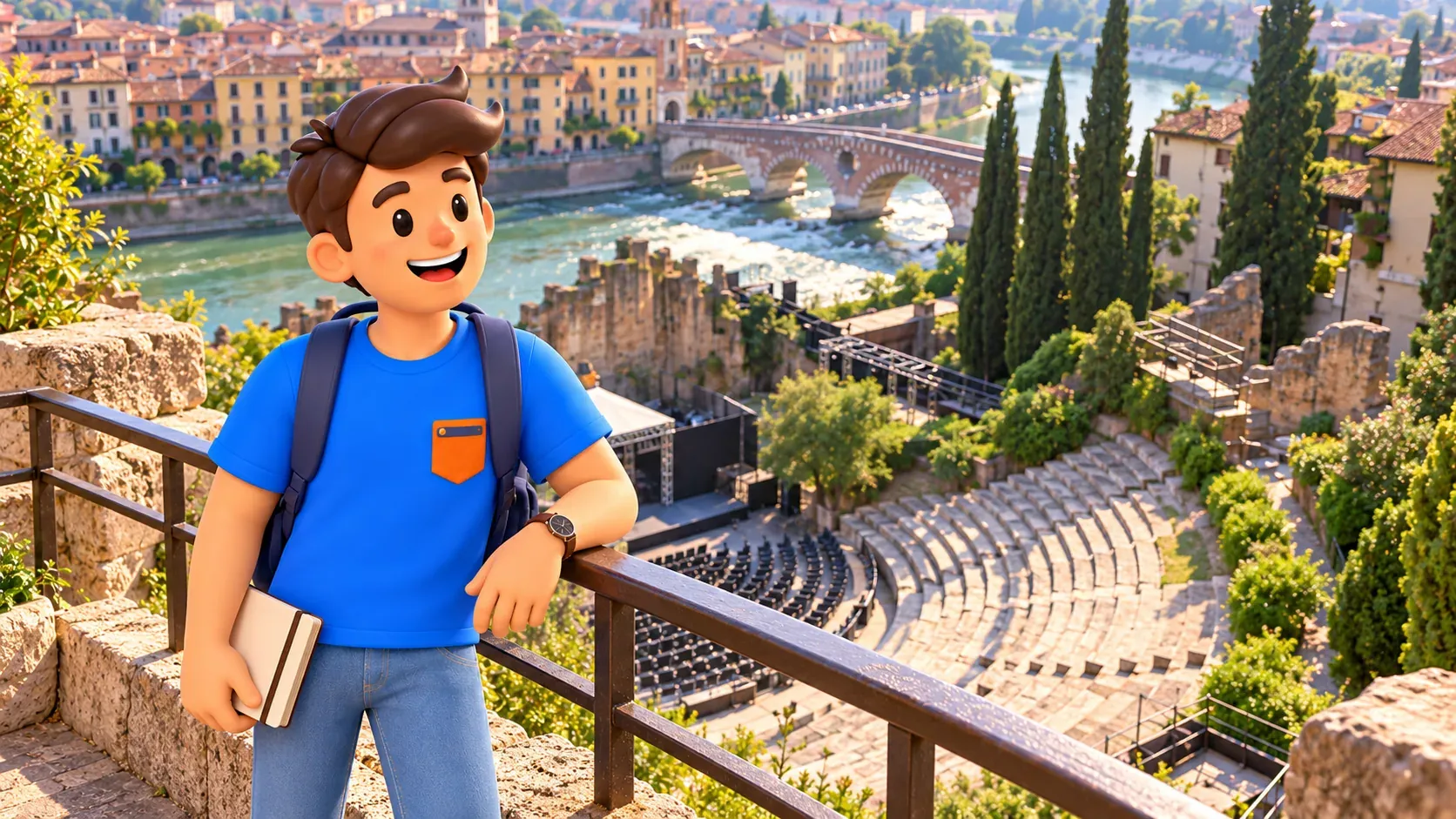 Viajero de RoadMe con un cuaderno en una terraza sobre las gradas del Teatro Romano