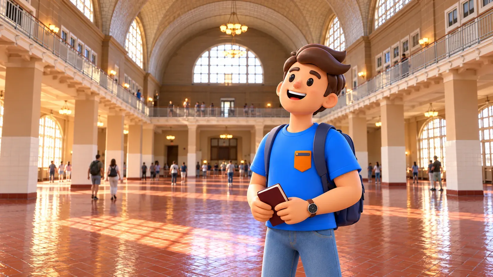 The mascot holds his own notebook while looking up in Ellis Island’s Great Hall