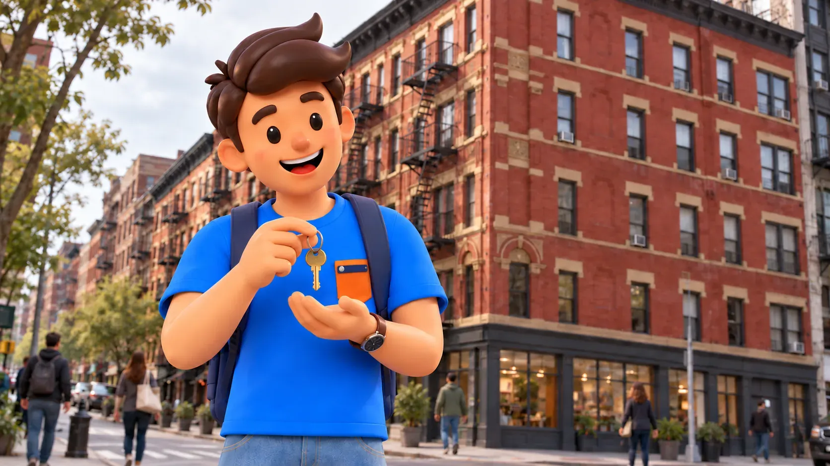 The mascot holds his own house key outside a Tenement-inspired facade