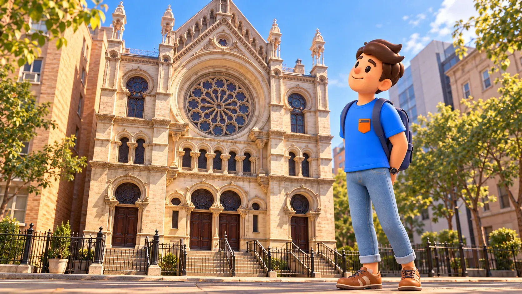 The mascot admires the Museum at Eldridge Street facade