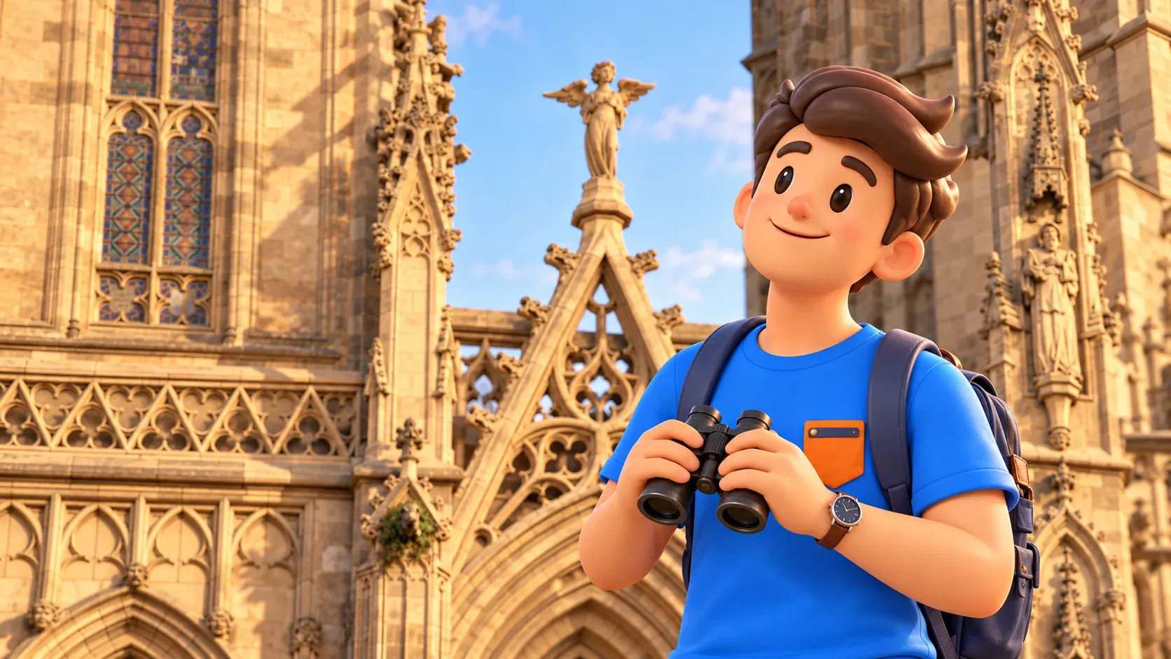 Illustration d’un voyageur avec jumelles abaissées devant les détails sculptés et un ange de la façade de la cathédrale.