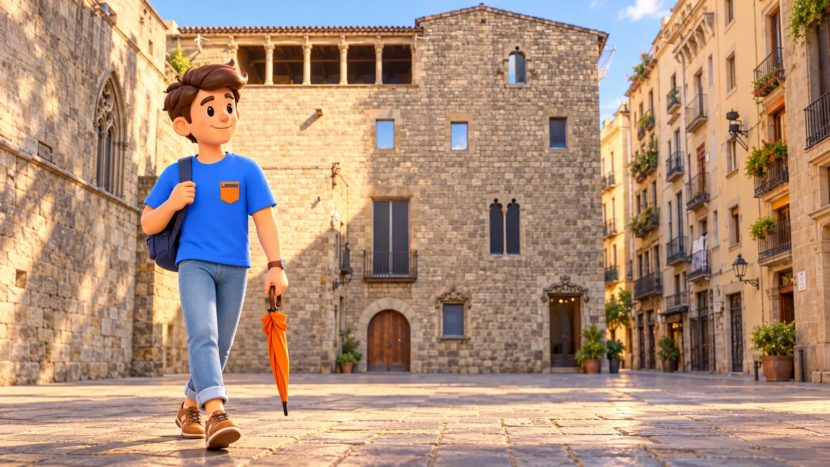 Illustration d’un voyageur avec parapluie orange fermé sur la Plaça del Rei devant la façade de Casa Padellàs.