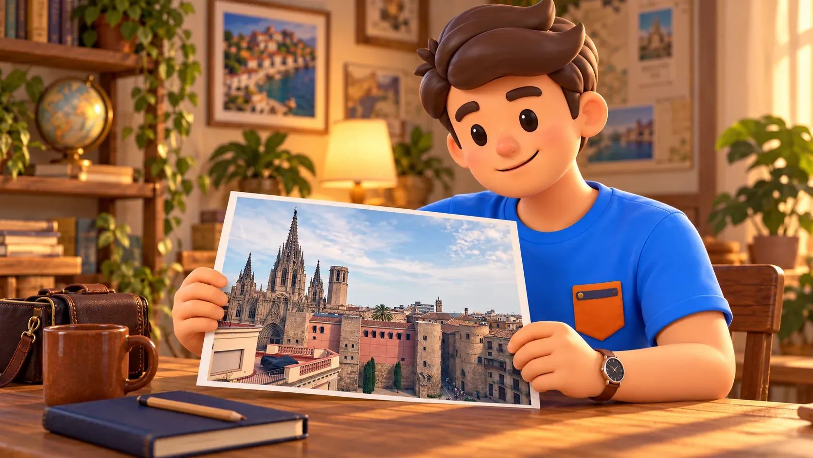 Illustration d’un voyageur à son bureau tenant un tirage des tours de la porte romaine, bâtiments ultérieurs et cathédrale.