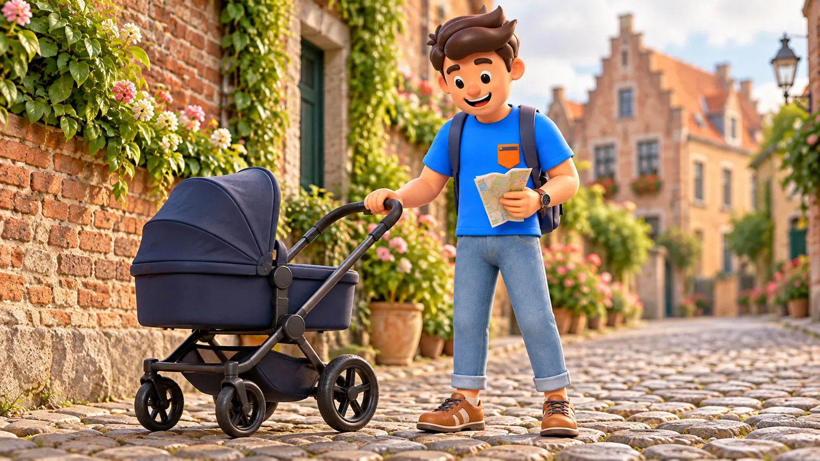 Character with a pram and folded illustrative map considering uneven cobbles on an imagined street