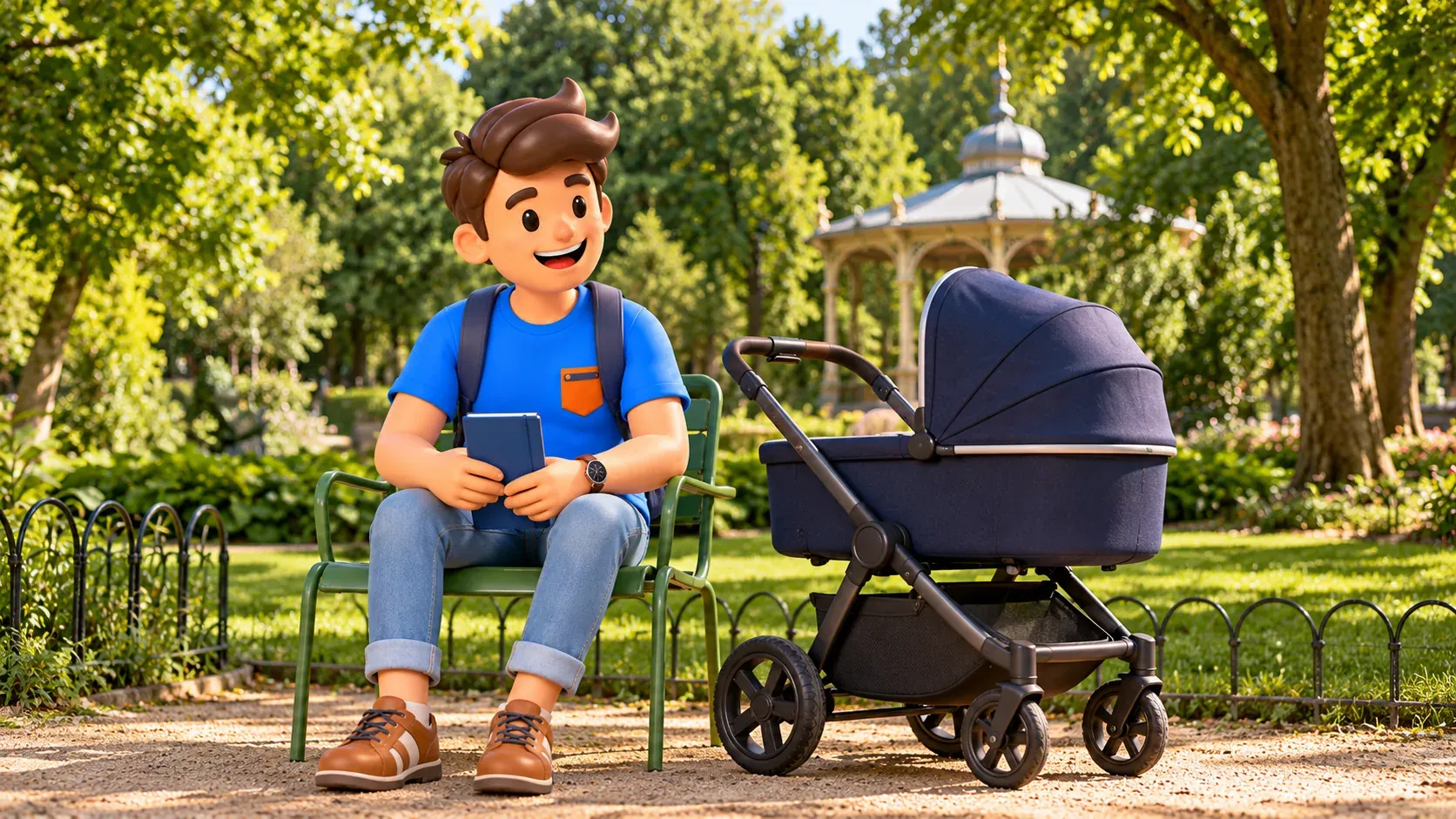 Character resting on a green chair beside a pram in Queen Astrid Park