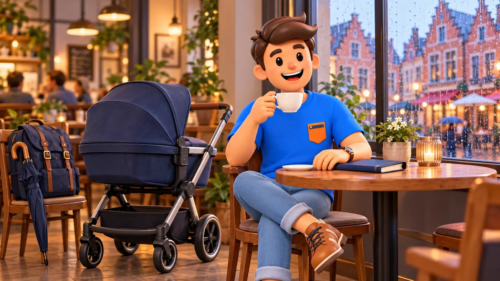 Character with a cup sitting beside a pram in an imagined café while it rains