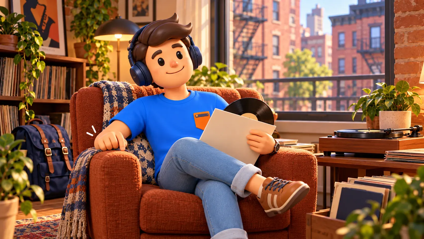 Conceptual illustration of a traveler listening on headphones with his own record in an imaginary New York apartment.