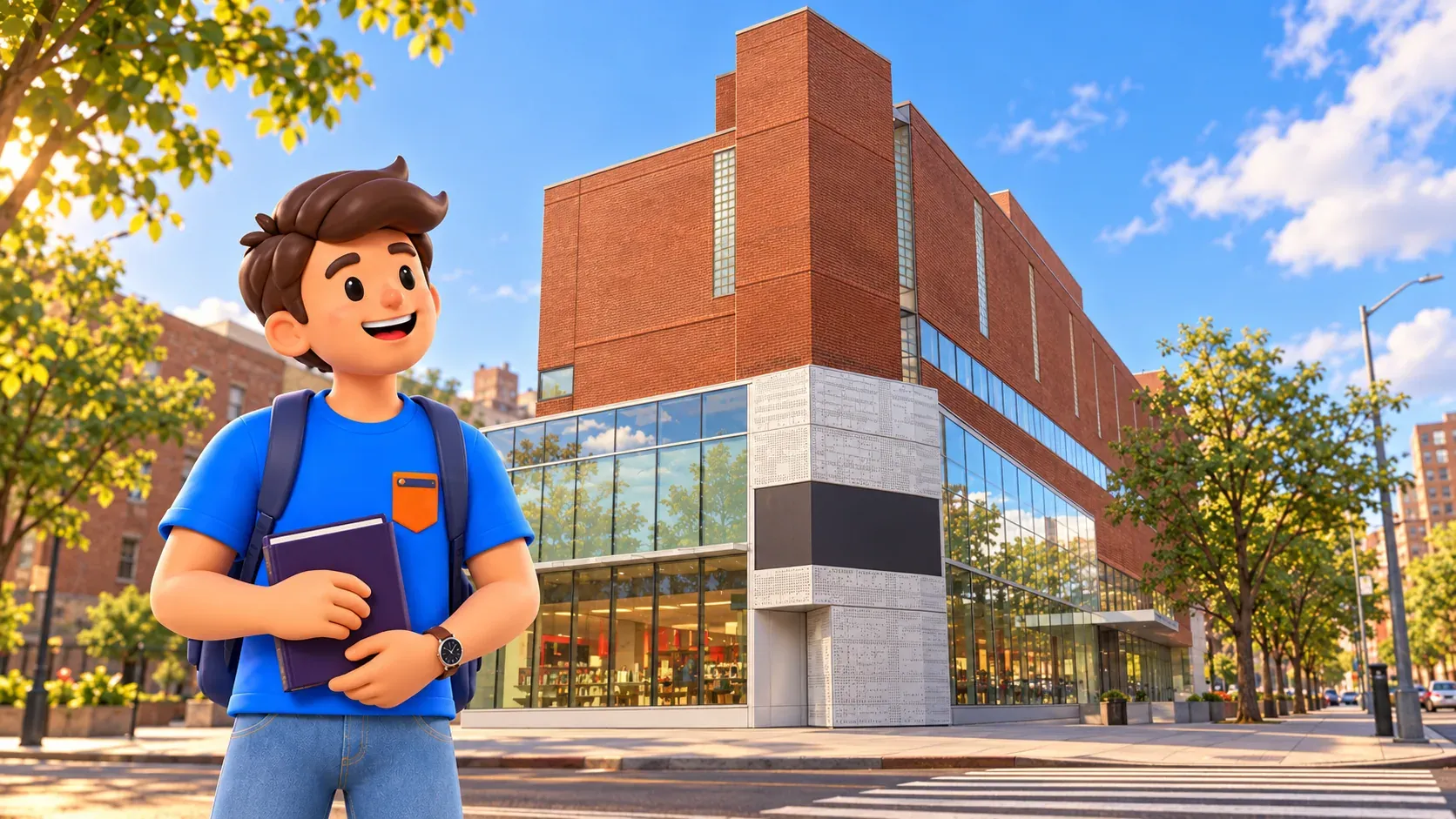 Illustration of a traveler with his own purple book beside the stylized brick-and-glass Schomburg Center facade.
