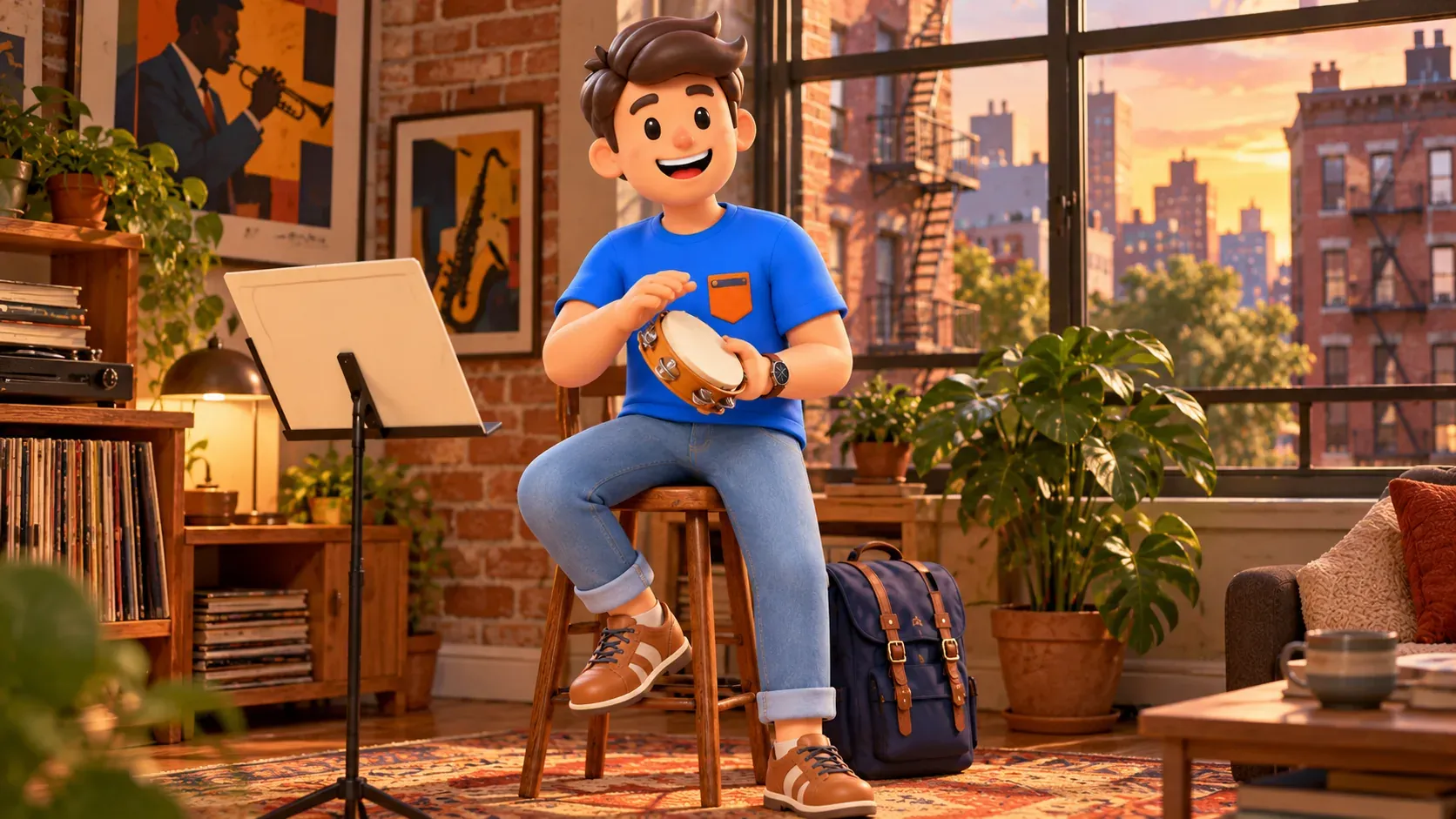 Conceptual illustration of a traveler playing his own tambourine in an imaginary home music room.