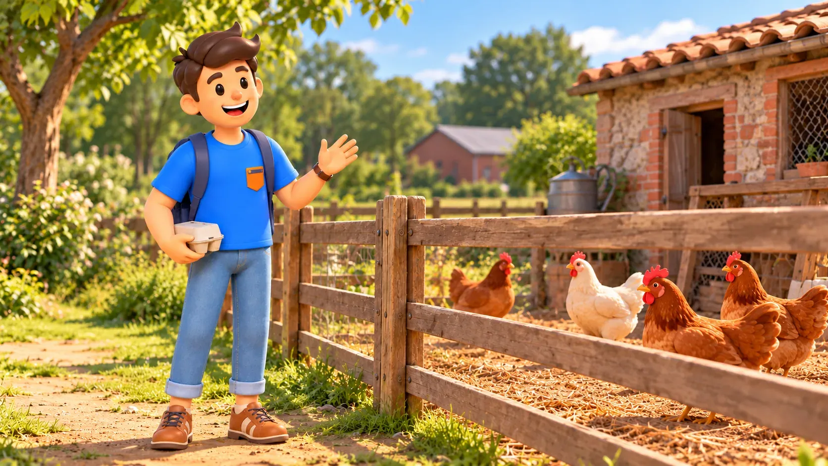 Illustration d’un voyageur avec une boîte d’œufs fermée regardant des poules derrière une clôture.