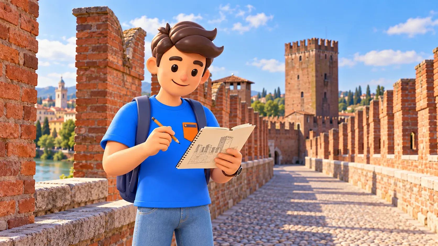 Personnage RoadMe avec carnet et crayon sur le passage piéton du pont Scaliger