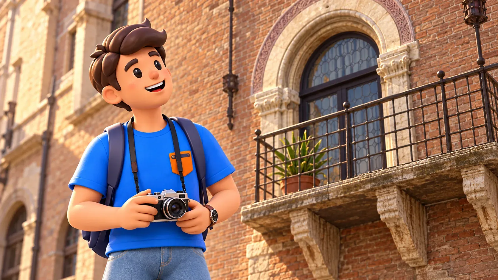 Personnage RoadMe avec un appareil photo observant une fenêtre et un balcon de palais