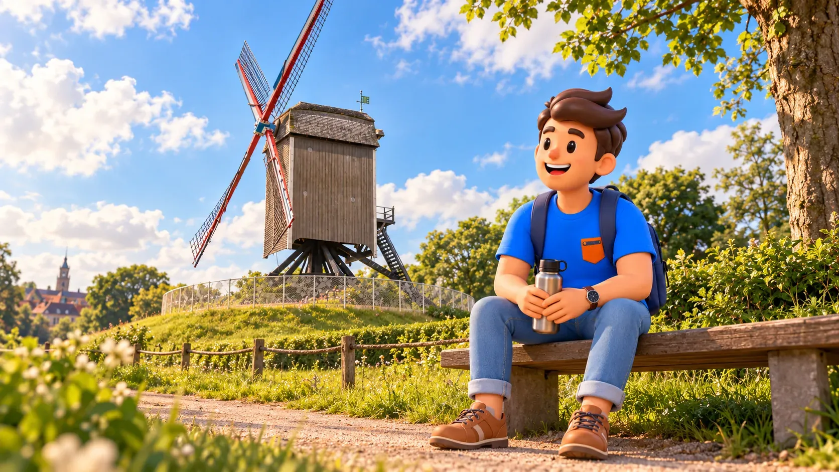 Figur mit Trinkflasche ruht bei der Sint-Janshuismolen im Sommergrün