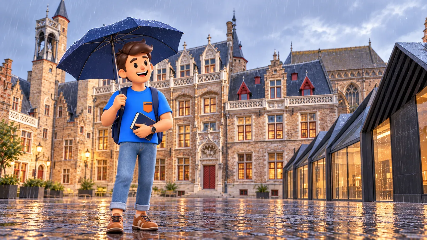 Figur mit Regenschirm und Notizbuch im regnerischen Gruuthuse-Hof beim modernen Pavillon