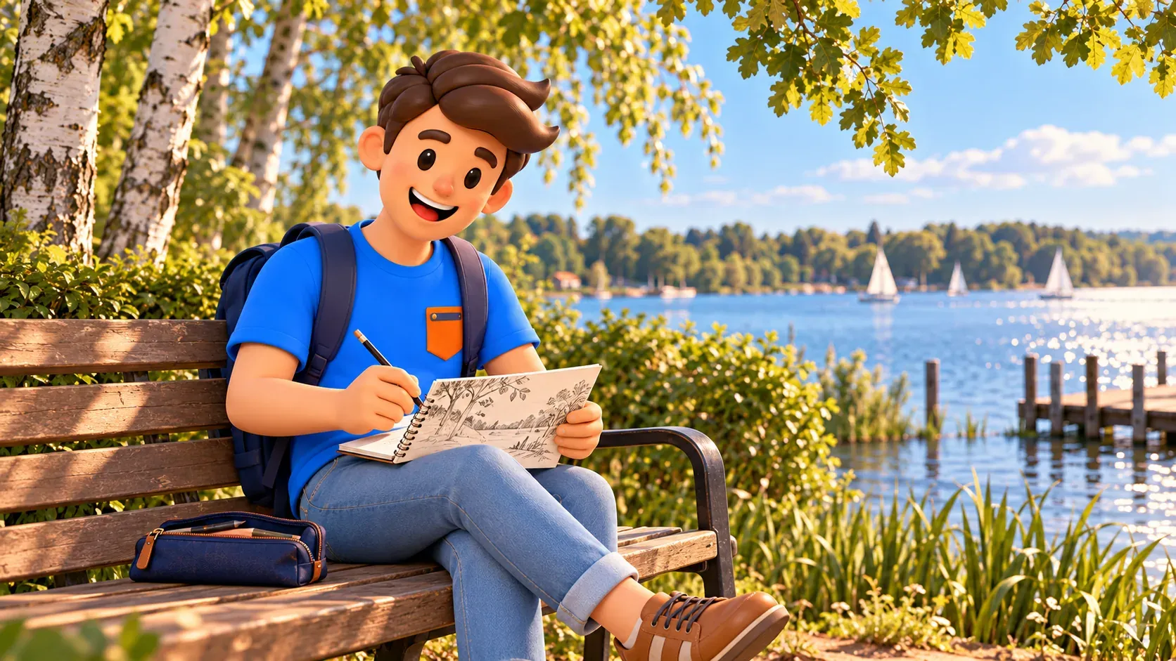 Illustration of a traveller drawing a personal sketch on a bench beside the water.