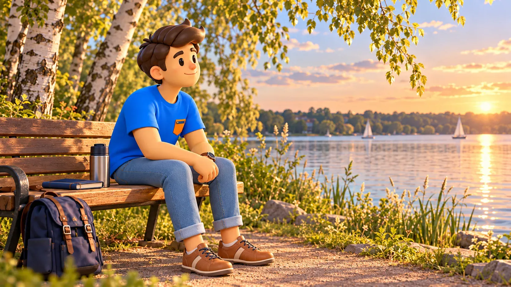 Illustration of a traveller sitting quietly on a public lakeside bench beside a notebook and thermos.