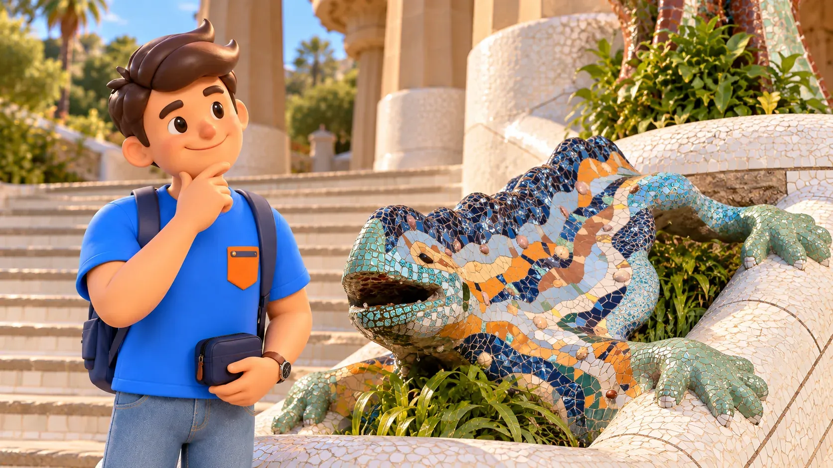 Illustration eines Reisenden mit geschlossener Kameratasche beim Betrachten des Mosaikdrachen oder Salamanders im Park Güell ohne Berührung.