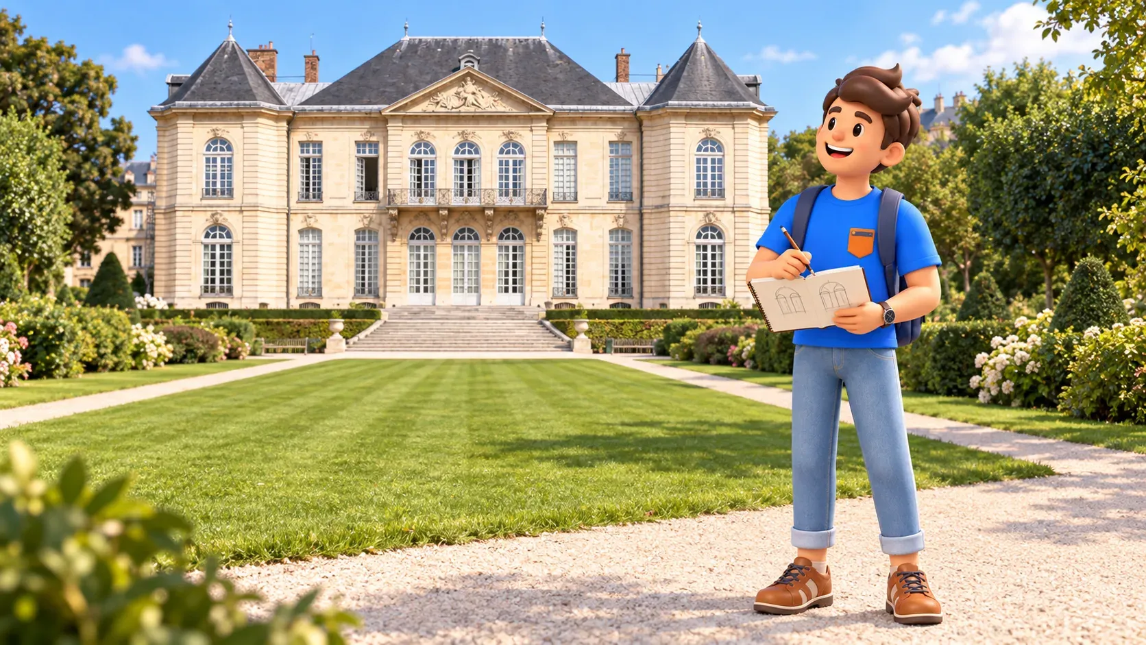 Ein Reisender mit einem Skizzenbuch betrachtet die Gartenfassade des Hôtel Biron im Musée Rodin.