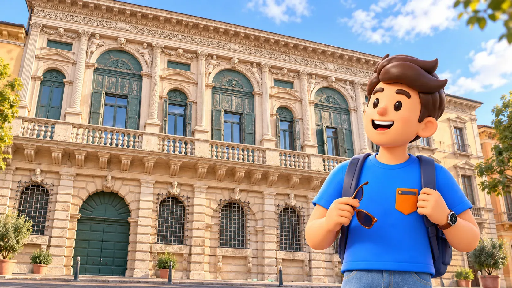 Personaje de RoadMe con gafas de sol ante el Palazzo Bevilacqua de Corso Cavour