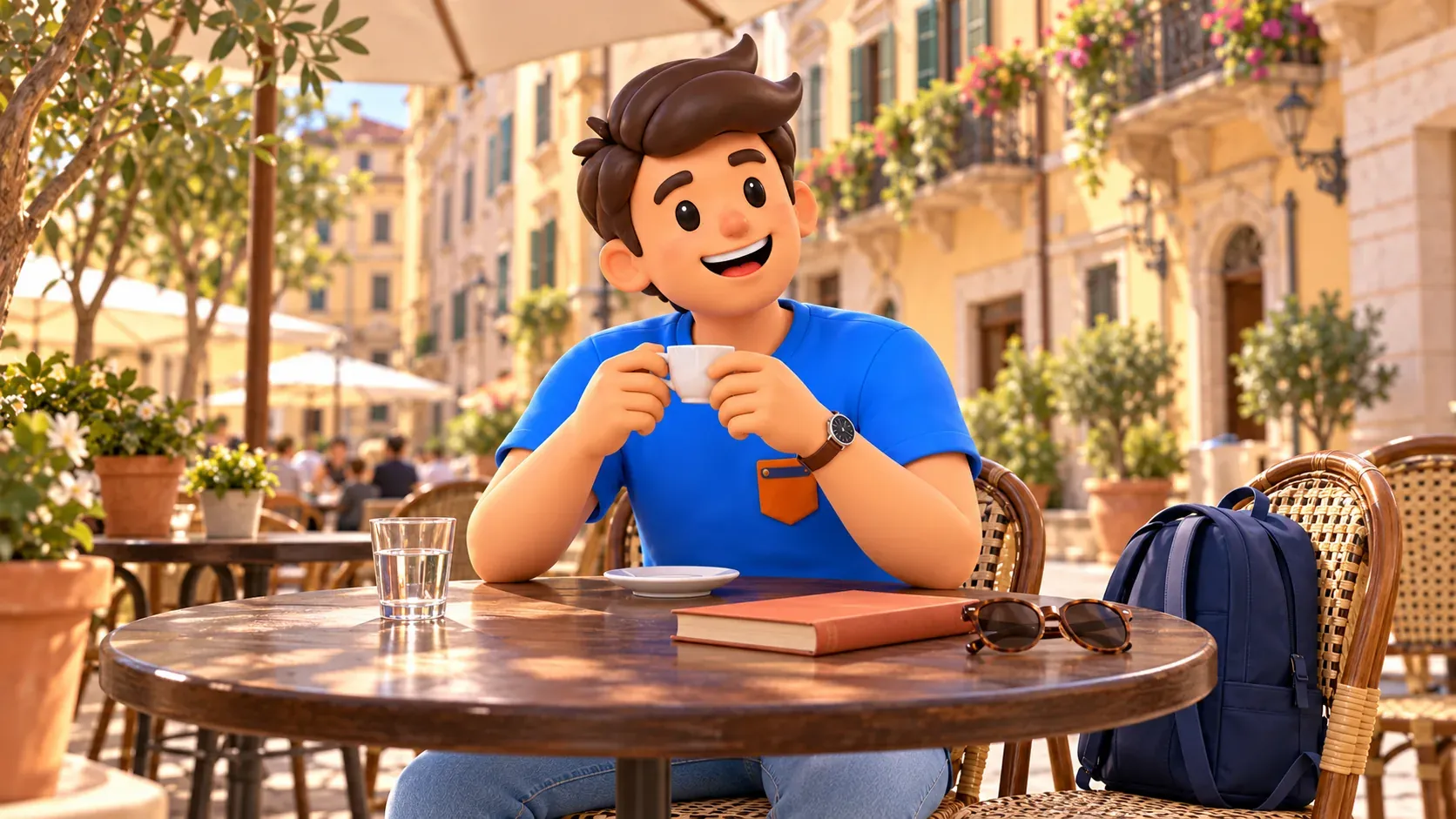 Personaje de RoadMe descansando con café, libro, agua y gafas de sol sobre la mesa
