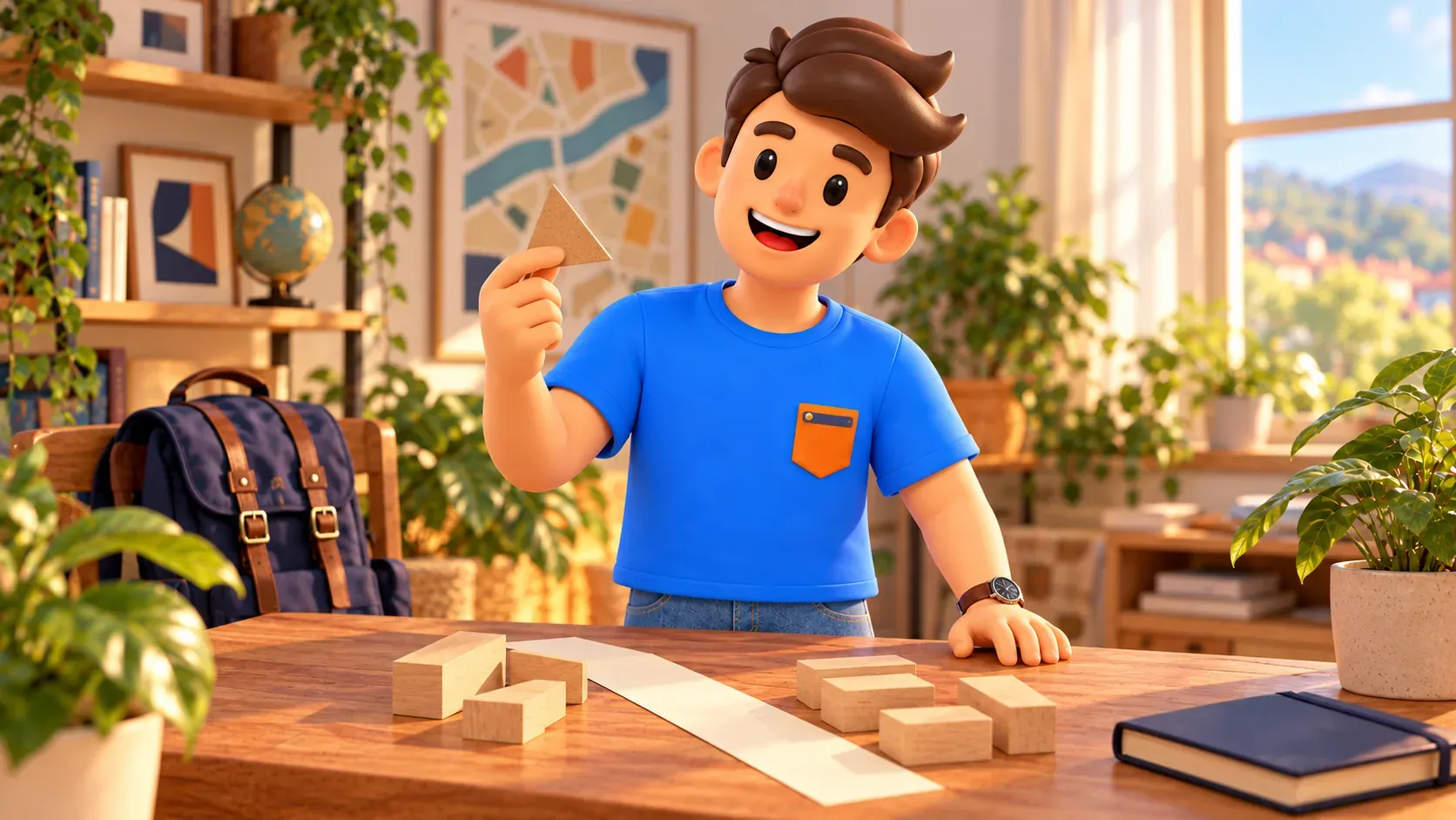 Ilustración conceptual de un viajero con papel y bloques de madera en casa, no un plano histórico.