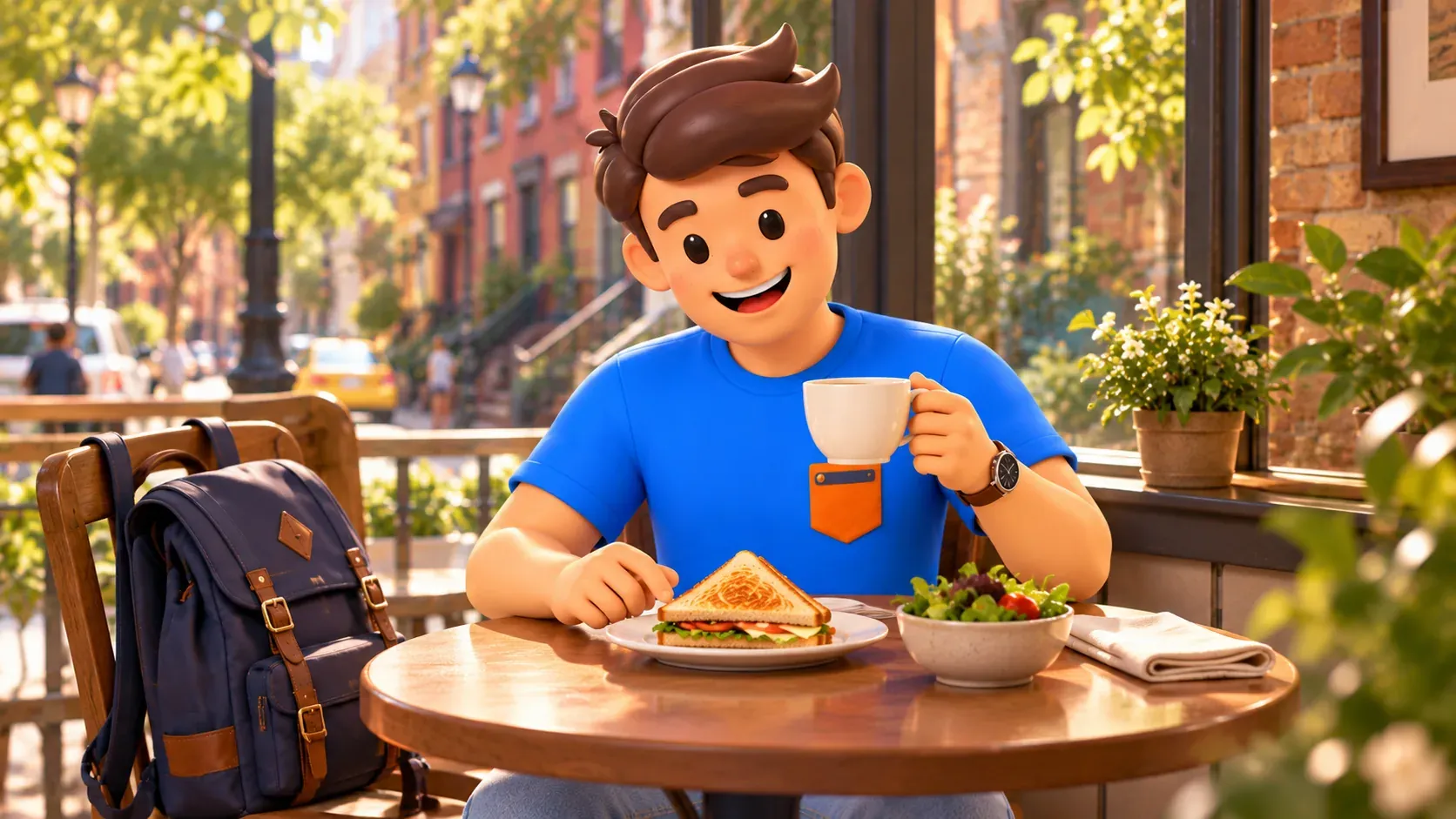 Ilustración conceptual de un viajero con una taza y un sándwich triangular en un café imaginario.