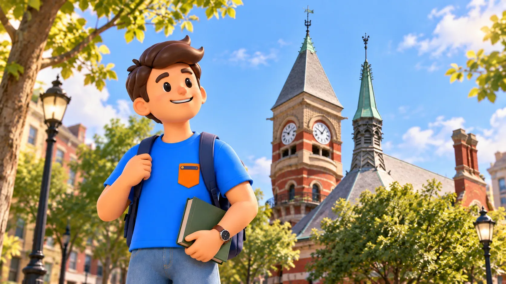 Ilustración de un viajero con su libro junto a la torre del reloj estilizada de Jefferson Market Library.