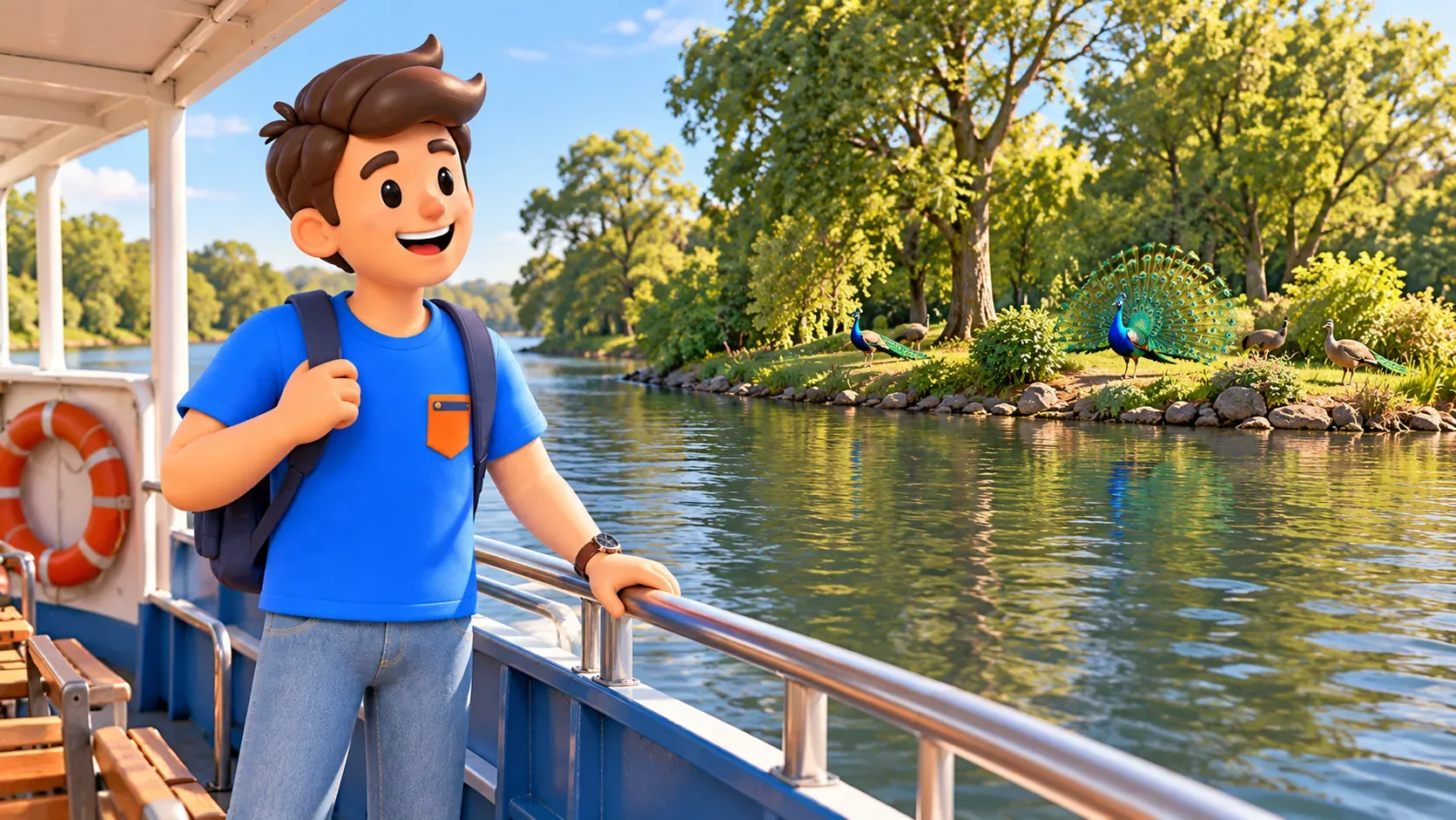 Illustration of a traveller beside a small passenger boat rail looking at the green shore.
