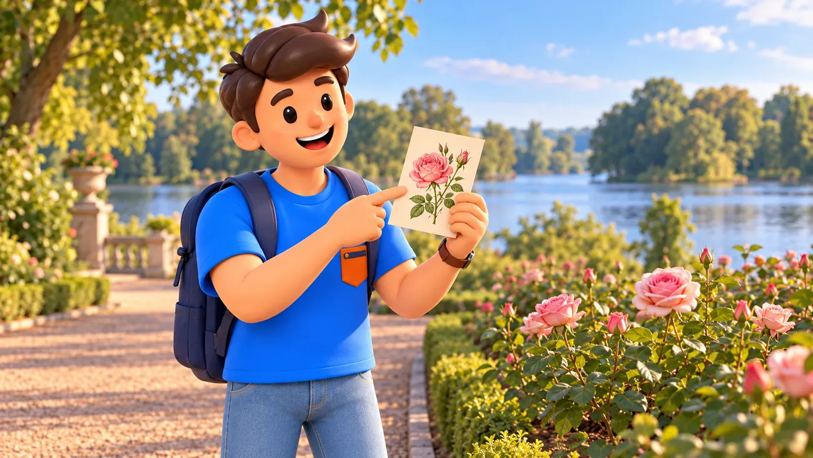 Illustration of a traveller comparing an imagined rose drawing with flowers from a path.