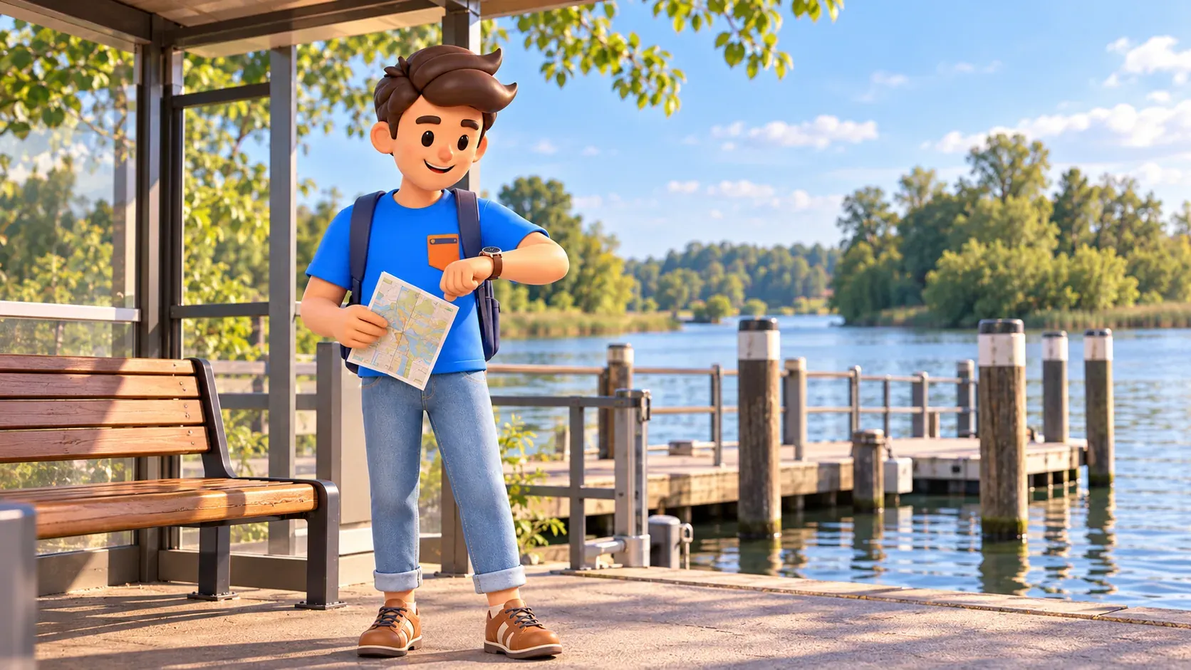 Illustration of a traveller holding a map and checking his watch at a ferry waiting area.