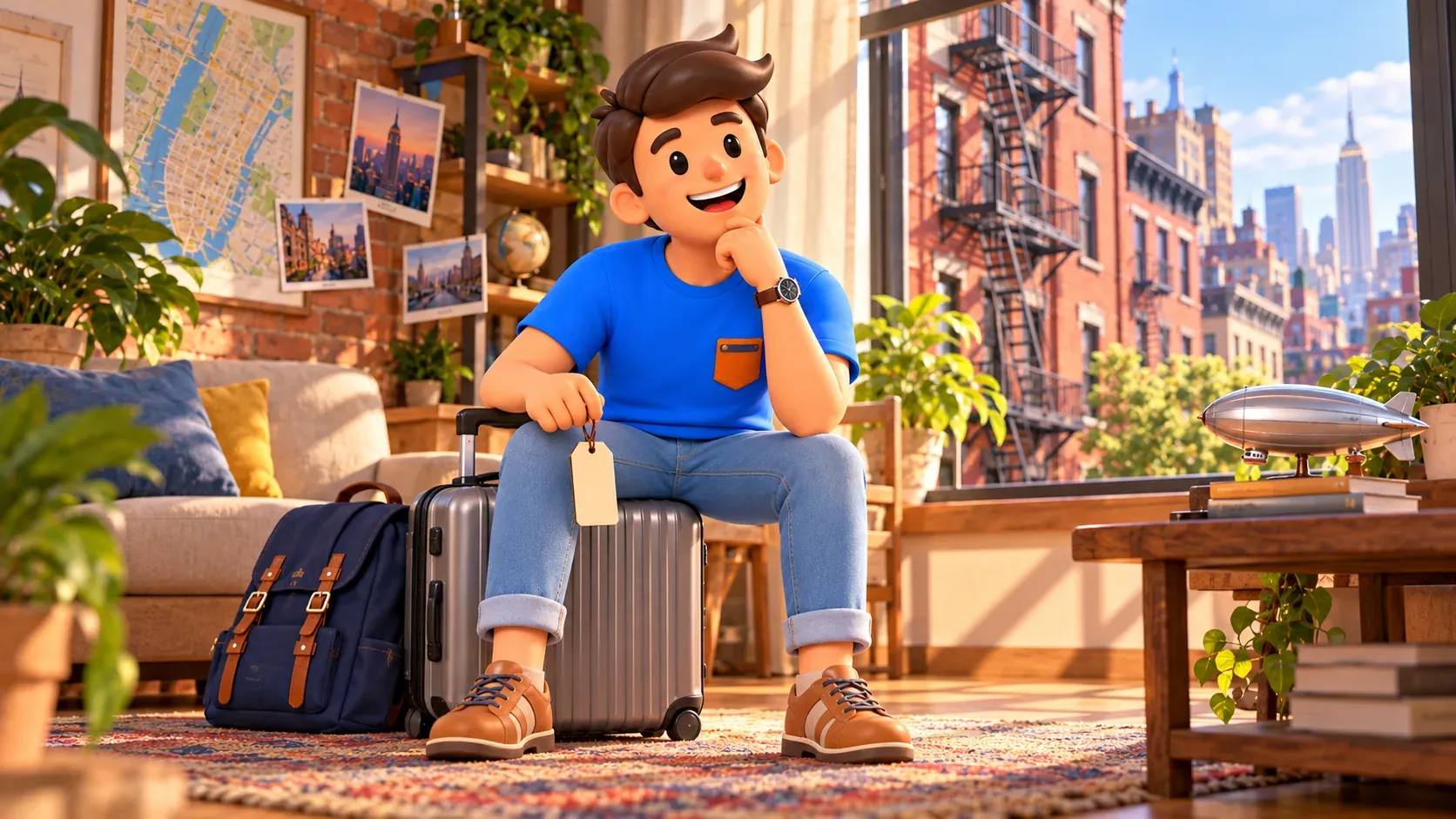 Illustration imaginaire d’un voyageur avec sa valise et son étiquette dans un appartement new-yorkais.