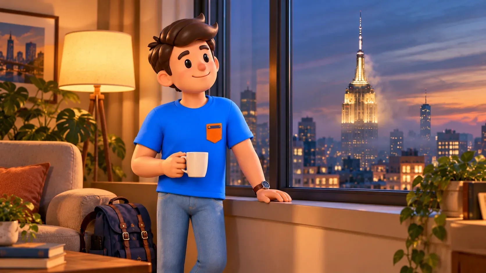 Illustration imaginaire d’un voyageur près d’une fenêtre d’appartement face au sommet stylisé de l’Empire State Building.