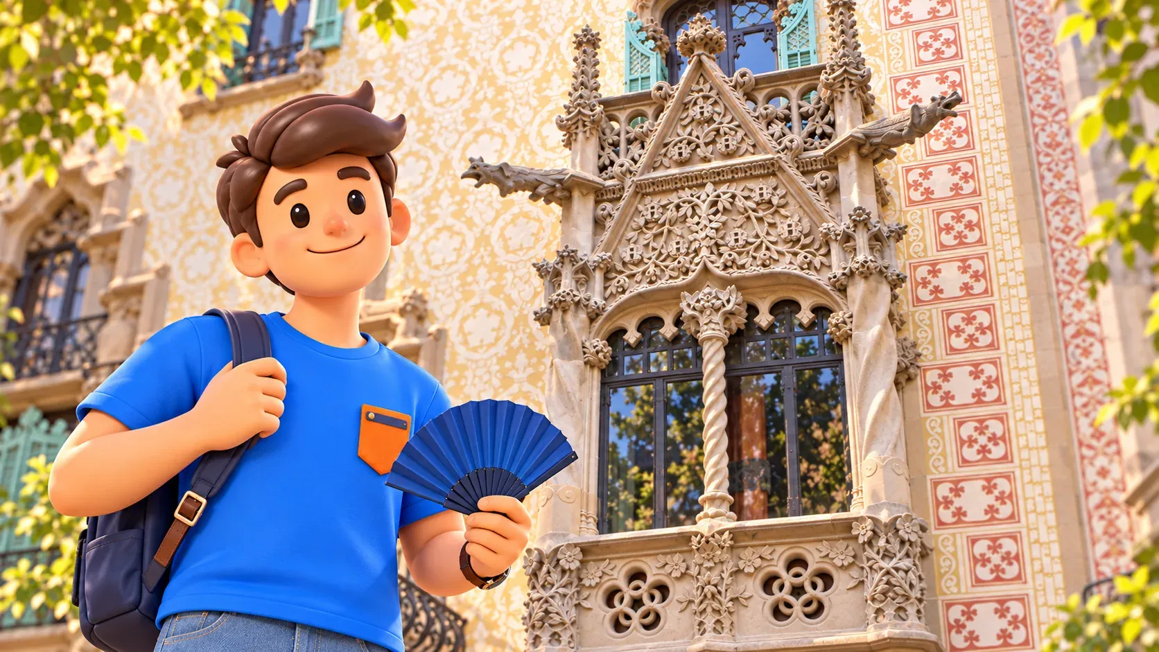 Illustration of a traveller holding a blue fan before Casa Amatller’s carved window and patterned façade.