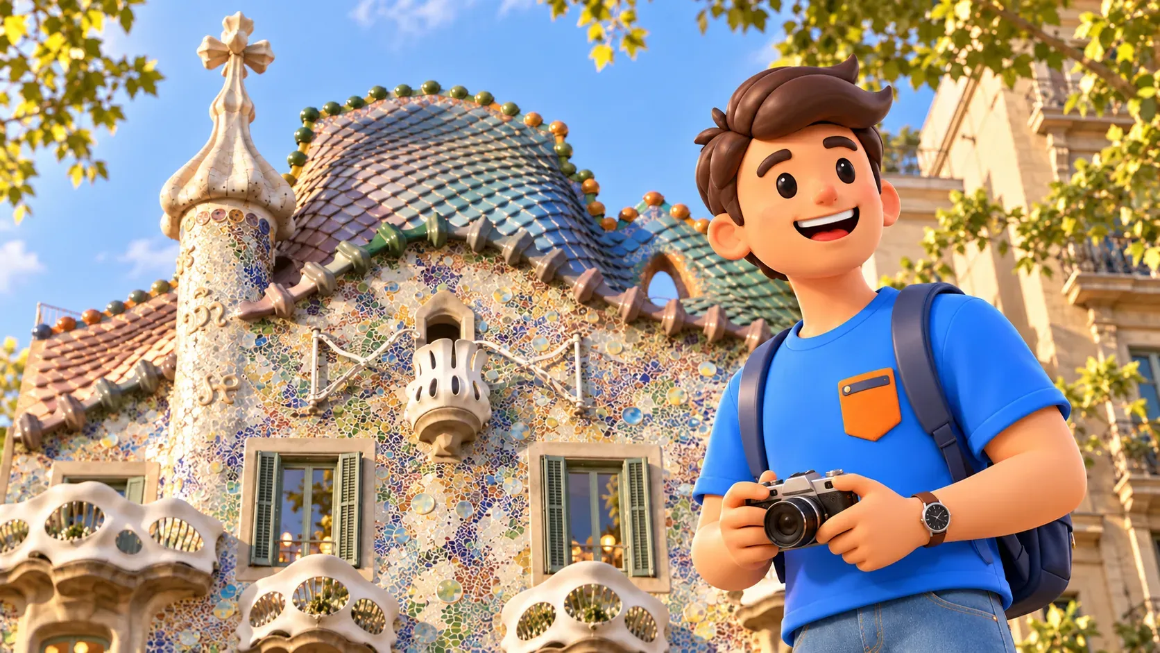 Illustration of a traveller with a camera at waist level before Casa Batlló’s coloured roof and mask-shaped balconies.