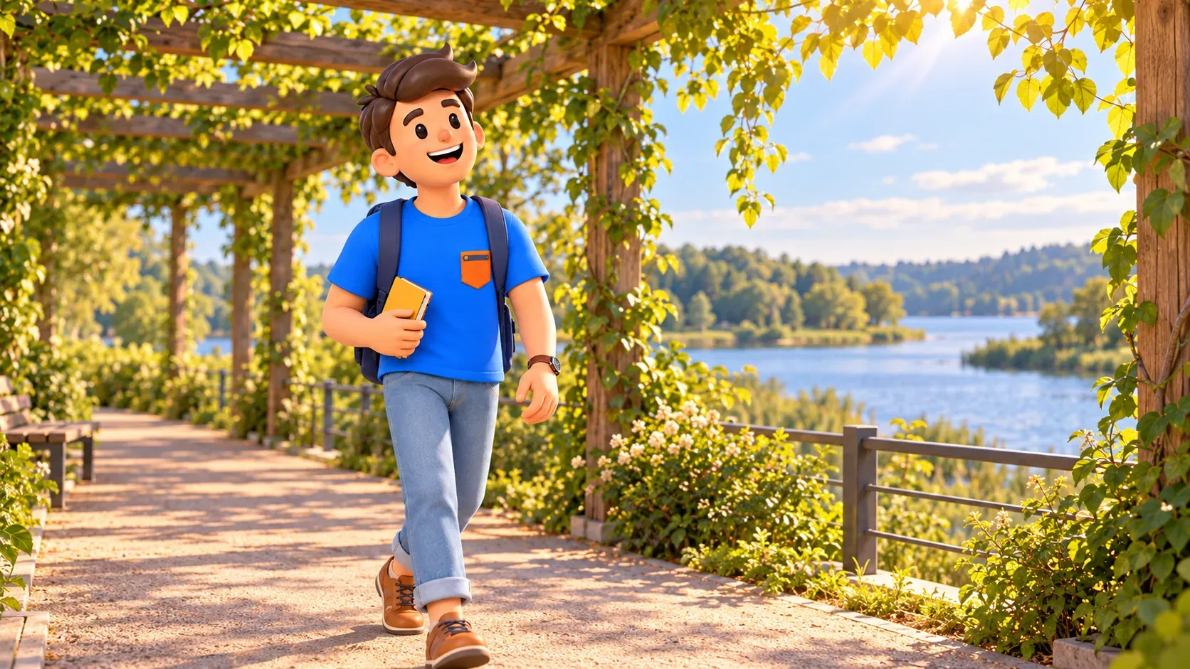 Illustration d’un voyageur avec un carnet près d’une pergola végétalisée.