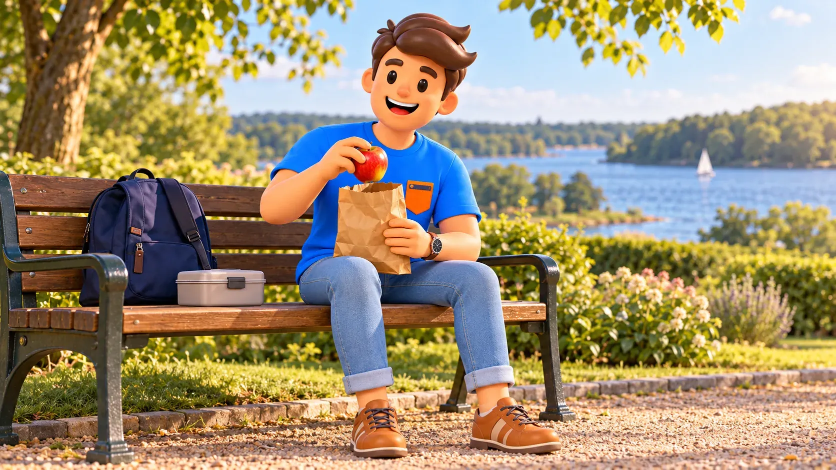 Illustration d’un voyageur sortant une pomme d’un sac en papier pendant une pause sur un banc.