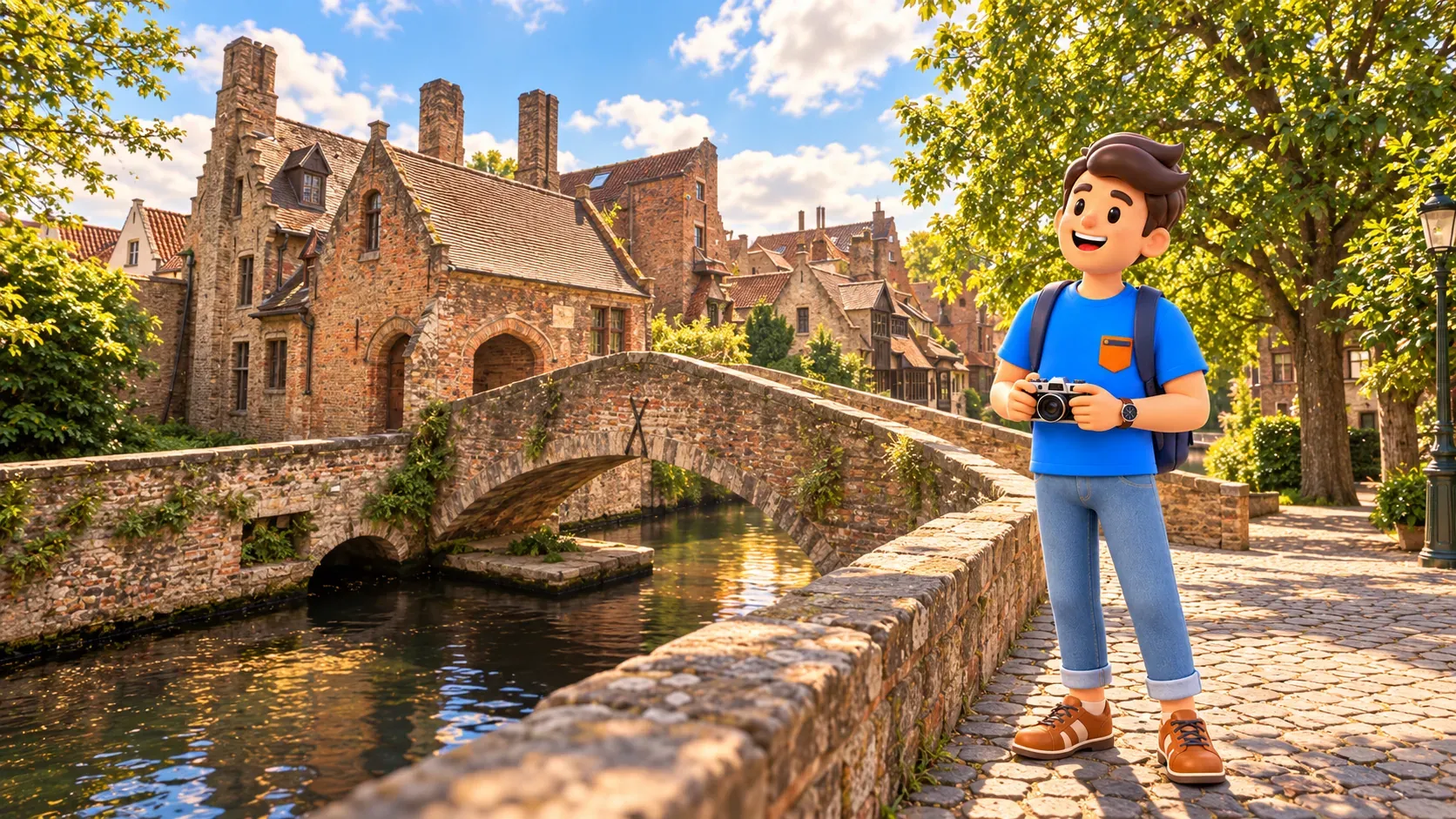 Personaje con cámara junto al acceso al puente de San Bonifacio y edificios históricos