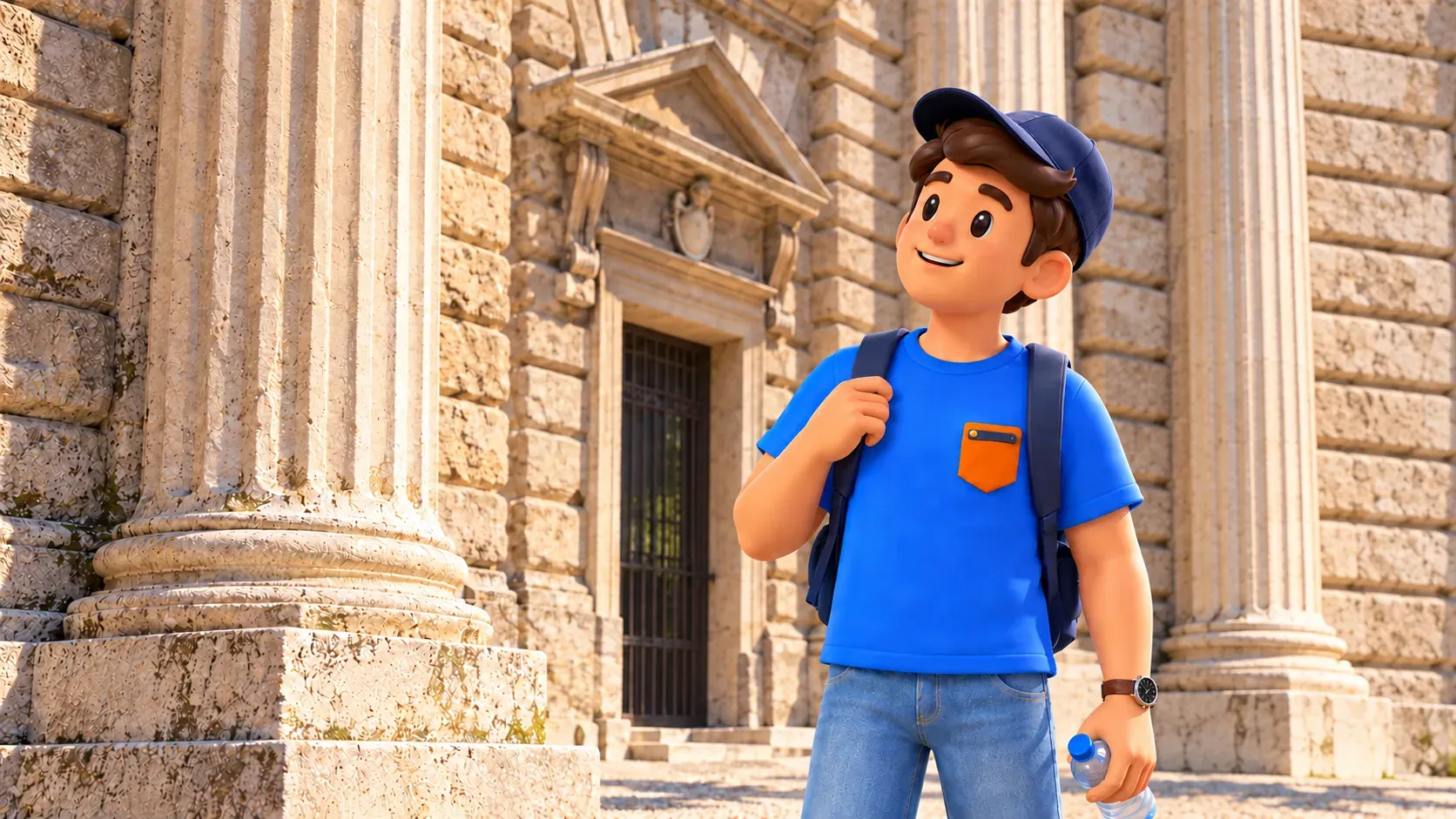 RoadMe character in a cap examining a column and stonework at Porta Palio